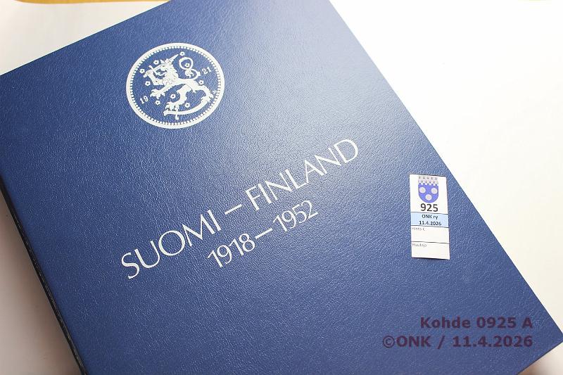 k-0925-a.jpg - Kohde 925 (kuva 1/3), l�ht�hinta: 50 &euro; / myyntihinta: 68 &euro; Suomikansio 1918-52 (161) Merkki Borgin erinomainen kansio suojakotelolla.  Puuttuu   5p  -18 KV;  1mk  -49 Cu;  5mk  -28, -29;  20mk  -31, -32;  100  ja  200mk  -26 Au;  500mk  -51 Ag, kunto: 4-8
