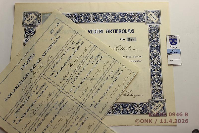 k-0946-b.jpg - Kohde 946 (kuva 2/3), l�ht�hinta: 30 &euro; / myyntihinta: 30 &euro; Osakekirjat 1917-18 (4) Gamlakarleby Rederi Aktiebolag. 100mk -17 Litt. A(2), 500mk -18 Litt. B ja 1000mk -18 Litt. C. Leimamerkit, talongit, kunto: 7-9