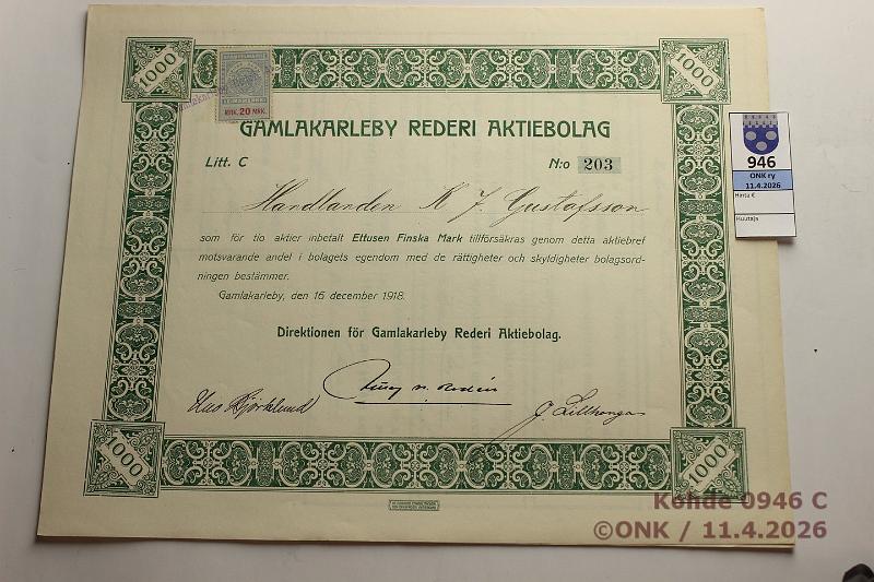 k-0946-c.jpg - Kohde 946 (kuva 3/3), l�ht�hinta: 30 &euro; / myyntihinta: 30 &euro; Osakekirjat 1917-18 (4) Gamlakarleby Rederi Aktiebolag. 100mk -17 Litt. A(2), 500mk -18 Litt. B ja 1000mk -18 Litt. C. Leimamerkit, talongit, kunto: 7-9