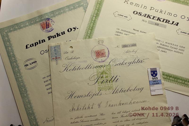 k-0949-b.jpg - Kohde 949 (kuva 2/2), l�ht�hinta: 30 &euro; / myyntihinta: 30 &euro; Osakekirjat 1920-57 (6) Kotiteollisuusosakeyhti� Pirtti -20, Asunto-osakeyhti� Franzeninkatu 10 192. (blanko), Lapin Puku OY -41, Kemin Pukimo OY -43, Sosialistin Kirjapaino OY -50, Lasten Pukutehdas OY -57, kunto: 7-9