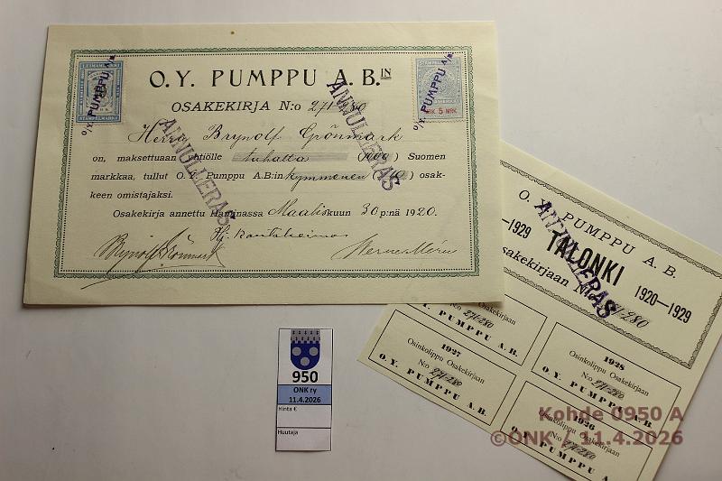k-0950-a.jpg - Kohde 950, l�ht�hinta: 5 &euro; / ei tarjouksia Osakekirja 1923 O.Y. Pumppu A.B, talongit, kunto: 8