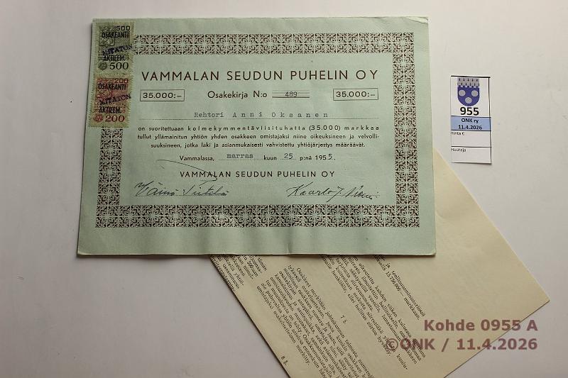 k-0955-a.jpg - Kohde 955, l�ht�hinta: 5 &euro; / ei tarjouksia Osakekirja 1955 Vammalan seudun puhelin OY, leimamerkit, kunto: 7