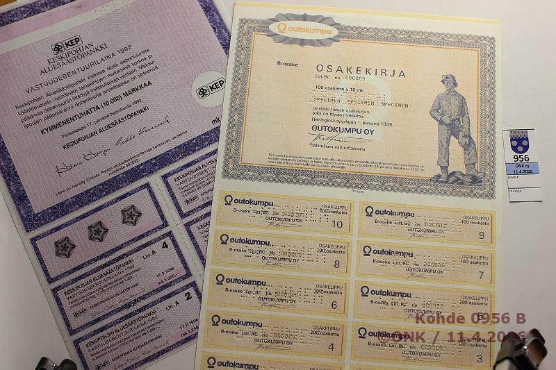 k-0956-b.jpg - Kohde 956 (kuva 2/2), l�ht�hinta: 10 &euro; / ei tarjouksia Osakekirjat 1976-90 (4) Tyrv��n Sanomat -76,  specimenit : Outokumpu -88, Megavoima -90, Keskipohjan alues��st�pankki -92, kunto: 9